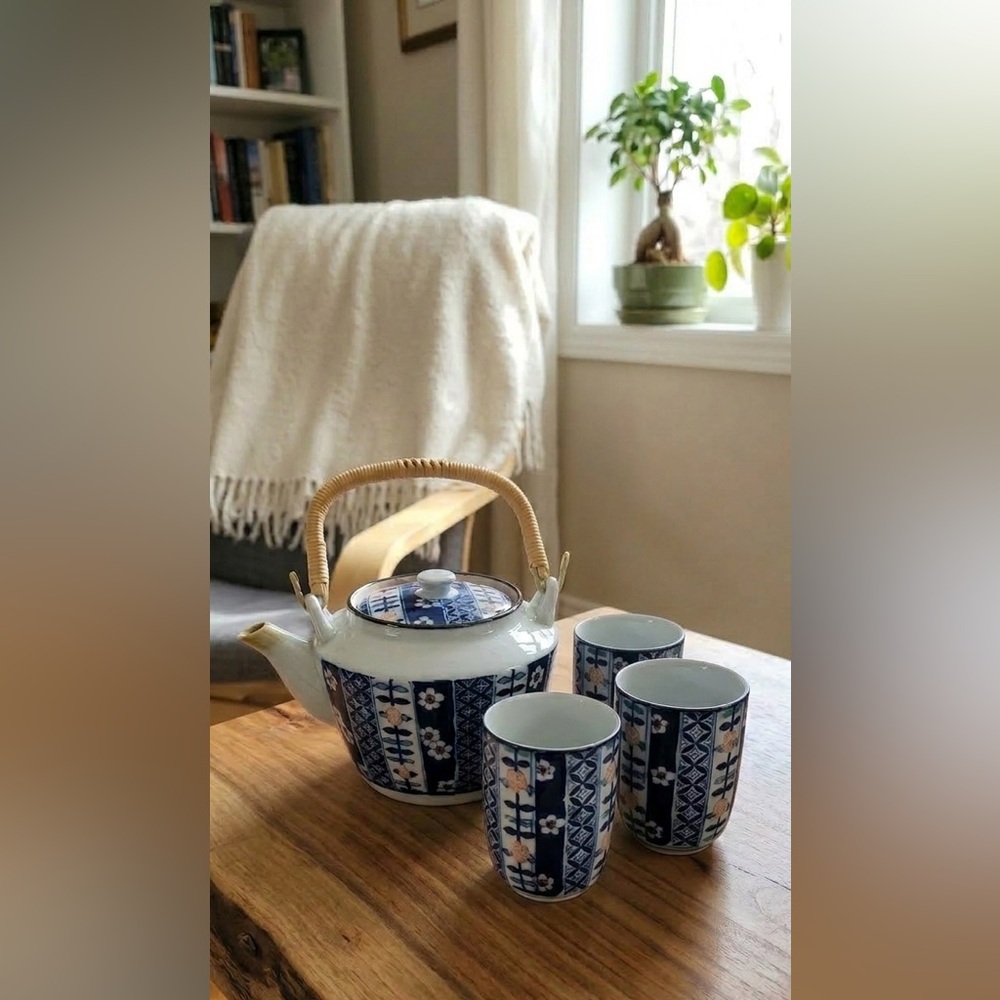 Vintage Japanese Kozamine Arita Ware Blue & White Tea Set Teapot 3 Cups c. 1980s